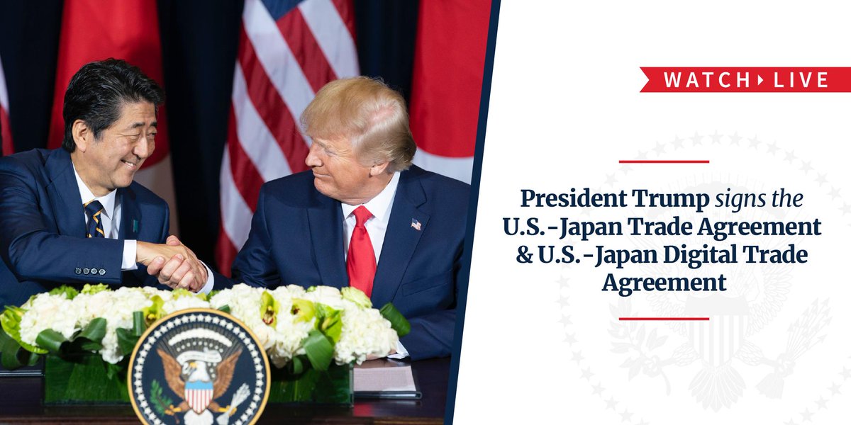 This afternoon, President @realDonaldTrump will sign two new U.S.-Japan trade agreements! 🇺🇸🇯🇵 Watch the signing LIVE at 3:30 p.m. ET: 45.wh.gov/RtVRmD