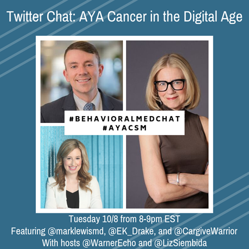 BehavioralMed's tweet photo. Tomorrow night! #BehavioralMedChat in collaboration with #AYSCSM on #AYACancer in the #Digital age. Follow @LizSiembida & @WarnerEcho and join the conversation at 8pm EDT! https://t.co/ldhDNwhQWa