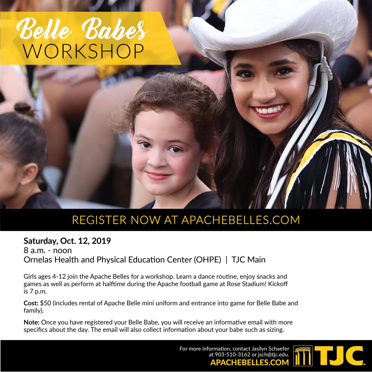 TylerJrCollege's tweet photo. Mark your calendars and register for the Bell Babes Workshop on Saturday, Oct. 12 where girls ages 4-12 can join the Apache Belles for a fun dance workshop and perform at halftime!

#TJC
#FeathersUp
#ApacheBelles https://t.co/8yE37rljN3