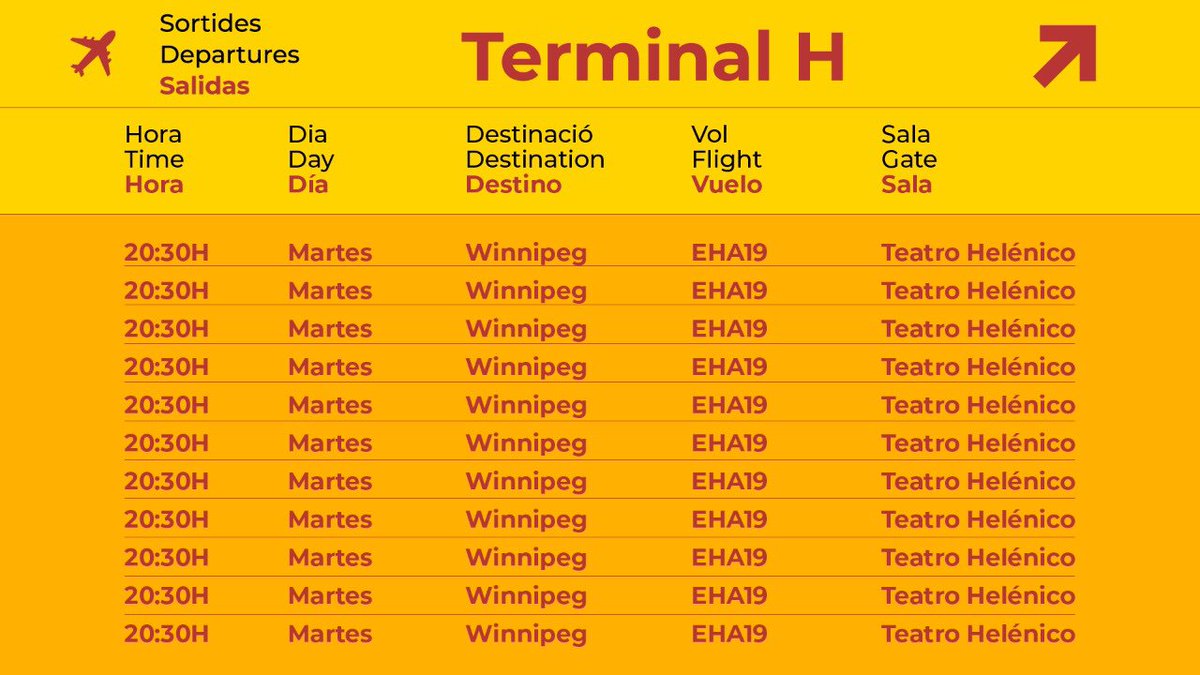 Pasajeros con destino a Winnipeg, les recordamos que su vuelo sale mañana en punto de las 20:30hrs en el <a href="/Helenico/">Centro Cultural Helénico</a> 

Boletos en: 
helenico.sistemadeboletos.com/eventperforman…