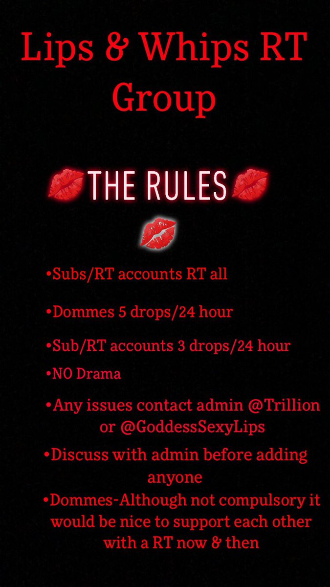 GoddessSexyLips's tweet photo. ATTENTION: HOT NEW RT GROUP
💋
Lips & Whips RT
#LWRT
Ran by @GoddessSexyLips & @RtTrillian
💋RT ACCOUNTS WANTED
💋DOMMES WELCOME (must be VERIFIED) Those with RT Pages will be given preference
#findom #rtgroup https://t.co/kpTuc4Wb8L