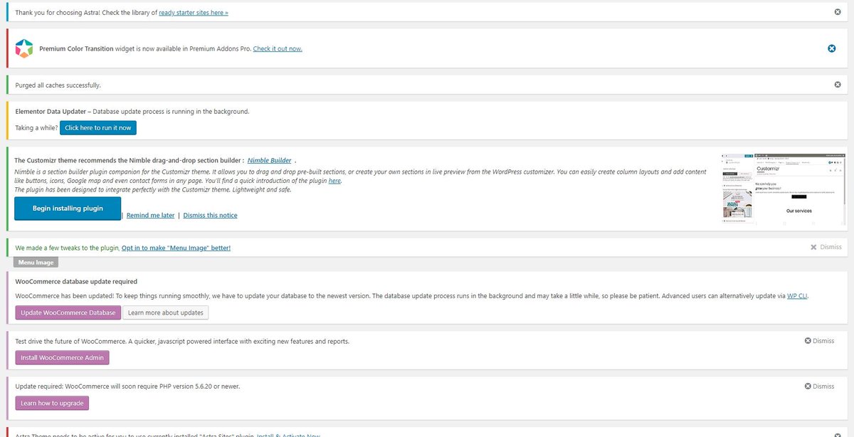 froudas's tweet photo. This is a typical #WordPress plugins page after updating 9 plugins and 1 theme. Notifications are everywhere! 🙄 We have to change that! https://t.co/Hvsww72cHw