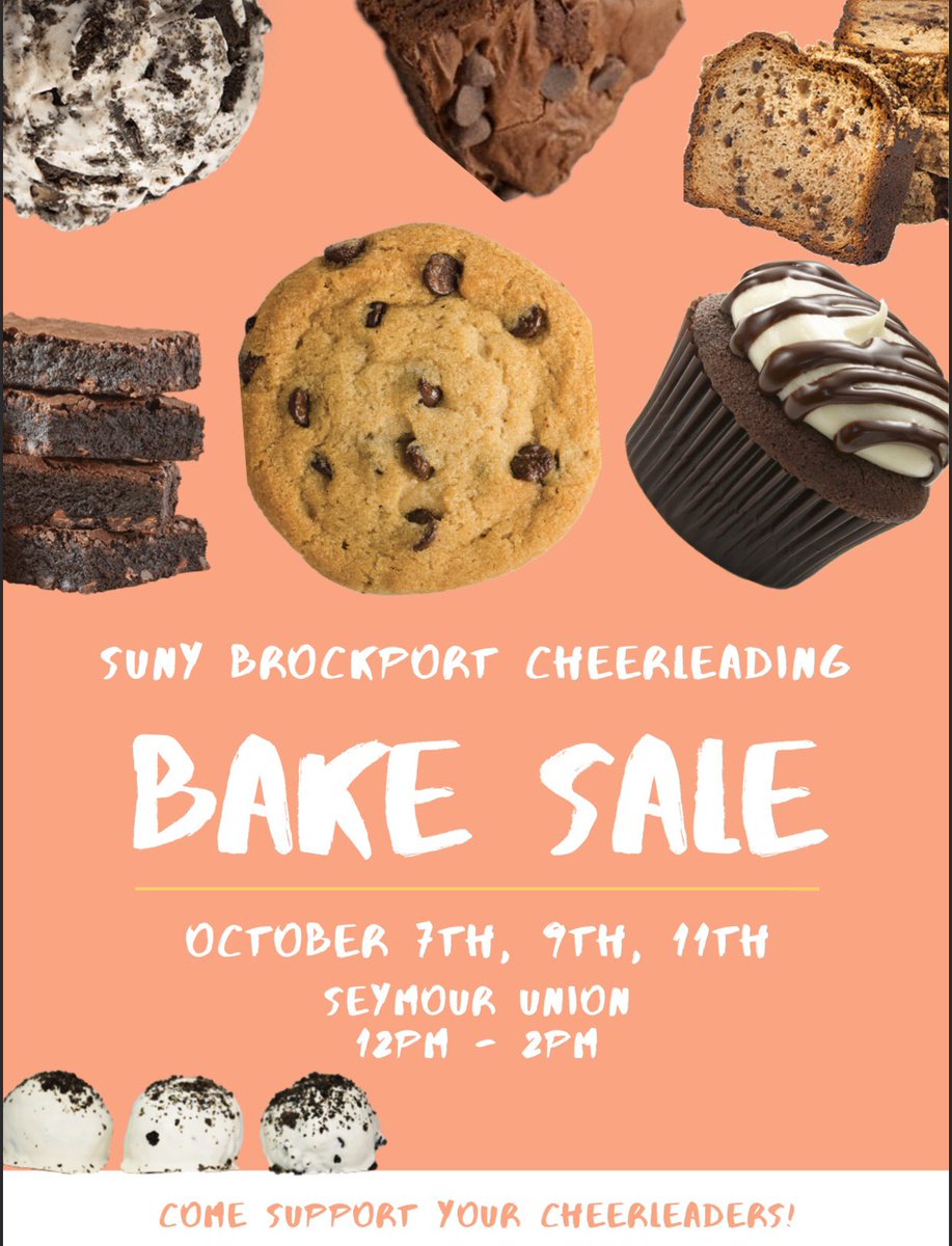 bportcheer's tweet photo. Come stop by our bake sale in the Union on Wednesday and Friday, 12 to 2!! Buy some goodies and support your favorite cheerleaders 💛💚 https://t.co/ou8OII3pct