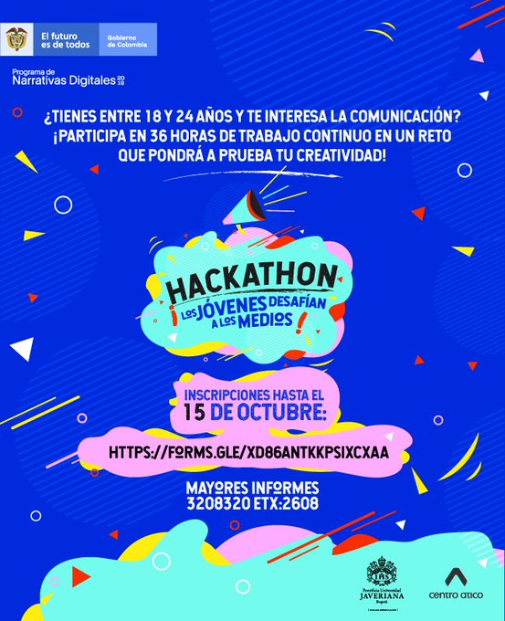 mincultura's tweet photo. 80 jóvenes de todo el país podrán participar en una hackathon de 36 horas de trabajo interdisciplinar, experimentación y colaborativo. Esta jornada se realizará el 29 y 30 de octubre. 

Cierre de inscripciones 15 de octubre.

==> https://t.co/26j1Zq8tTj

@centroatico https://t.co/zStY8yBVou