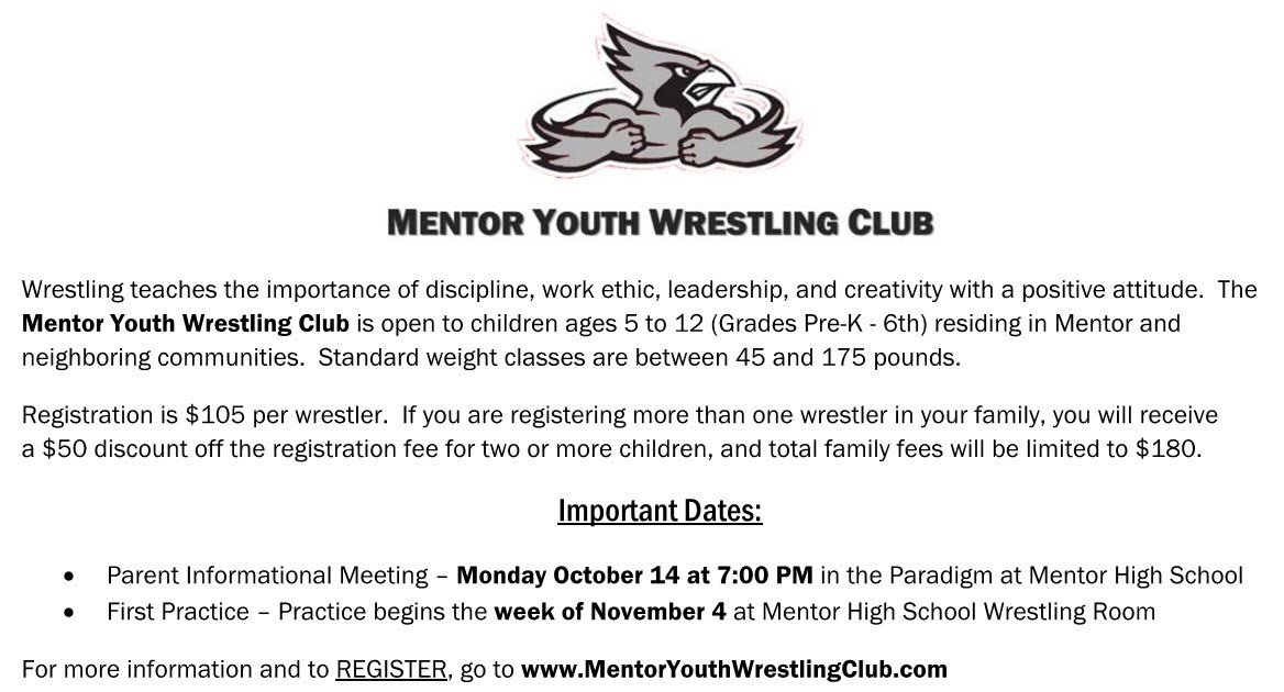 2019-2020 season registration is now OPEN at MentorYouthWrestlingClub.com

Register now and join the #MYWC club!