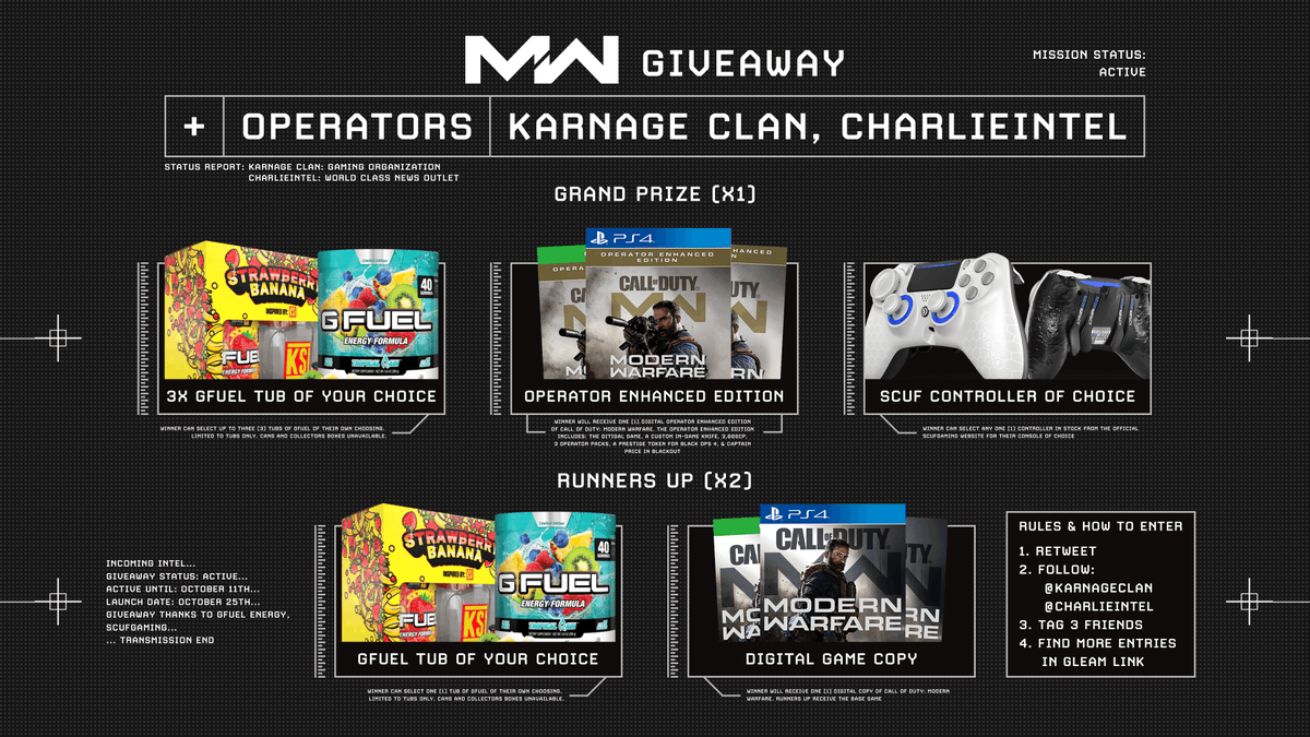 charlieINTEL's tweet image. CharlieIntel x KARNAGE Clan are looking to set you up for the #ModernWarfare launch with the Ultimate Giveaway! It's your last chance to enter!

How to enter 👇
• Follow @KARNAGEclan
• Follow @charlieINTEL
• RT + Like this tweet

👉 bit.ly/UltimateMW
