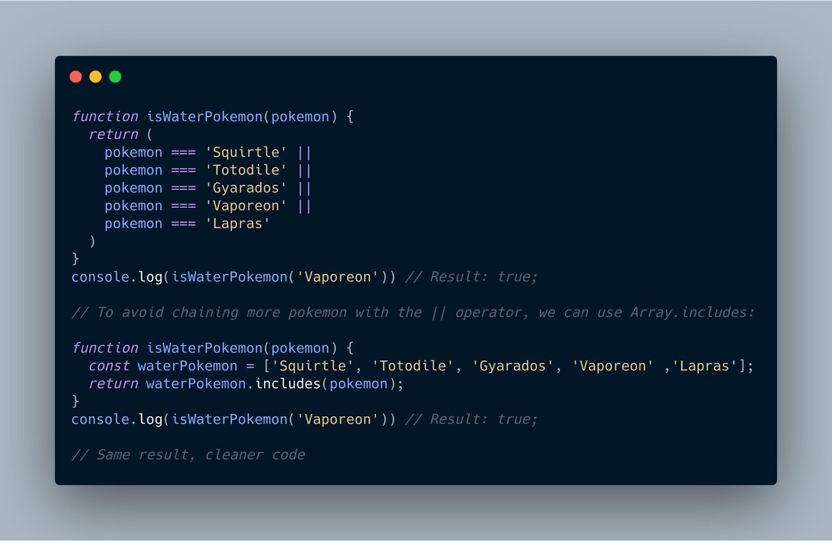 NyaBlk's tweet image. #Javascript ✨tips 'n' tricks✨
One of the pillars of clean code is to keep code simple.
However, writing conditionals with multiple || expressions can get out of hand..
Keep them simple by using Array.includes:
#typescript #javascript #Programming #CodeNewbie #100DaysOfCode