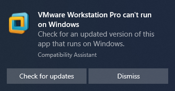 RPGrohol's tweet photo. @Barnacules any thoughts on how Windows 10 updates can prevent other software (VMware Workstation) from running https://t.co/LLbWHlXtvM