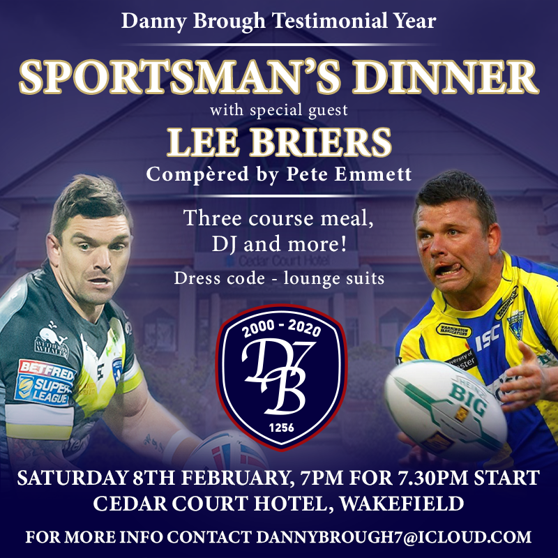 FIRST EVENT!
Danny Brough Testimonial 2020
📍Cedar Court Hotel, Wakefield
🗓Saturday 8th February
🏉@briers6 🏉
🎙<a href="/emmo99/">Pete Emmett</a>

Join us to celebrate Danny's career for what will be a great evening of RL chat and comedy!

Email dannybrough7@icloud.com for more information and to book!