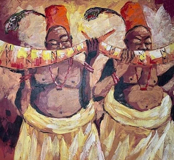 <a href="/OKWU_ID/">okwuid.com</a> 
Nwoke na Opi. Artist Obi 2016

In #Igboculture the Opi /obu/ ogba is an instrument made from the horn of an elephant tusk. It has an opening at the edge for producing sound as air is forced through it.
It is used to announce the arrival or departure of the Igwe/Eze/Oba.