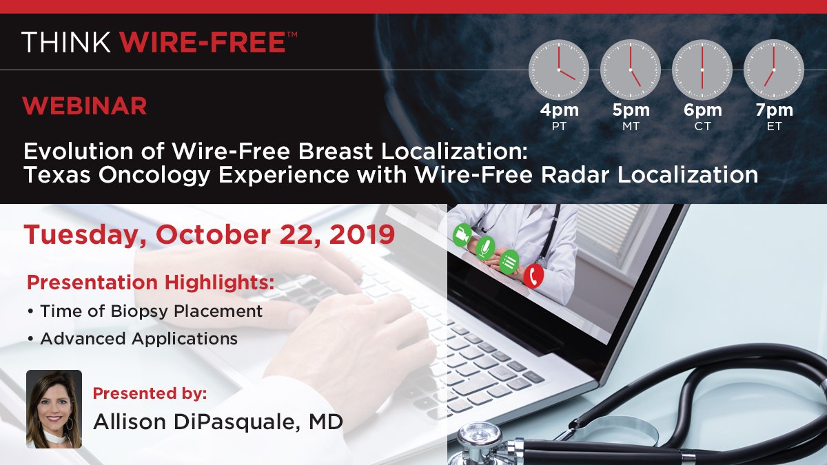 MeritMedical's tweet photo. Interested in #wirefree localization? On Tuesday October 22, Dr. Allison DiPasuale presents a FREE webinar on the Evolution of Wire-Free Breast Localization, Texas Oncology's experience. Sign up today: https://t.co/qcaO72dvhQ #thinkwirefree #SCOUTradar https://t.co/WbwUAg22GF