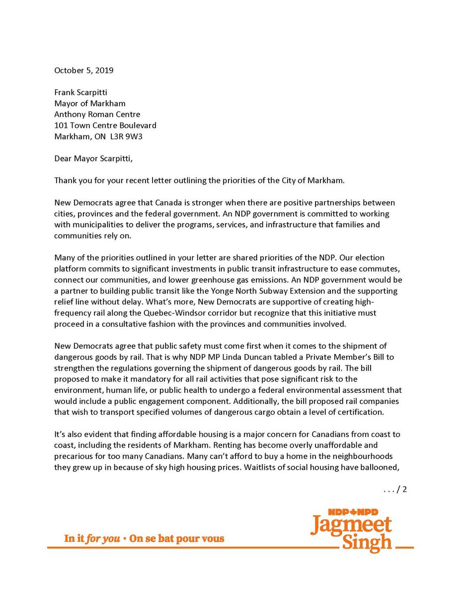 Mayor Frank Scarpitti On Twitter Thank You To Ndp Leader Thejagmeetsingh For Replying To My Letter Outlining Markham S Priorities A Letter I Sent To All Federal Party Leaders I Am Encouraged That
