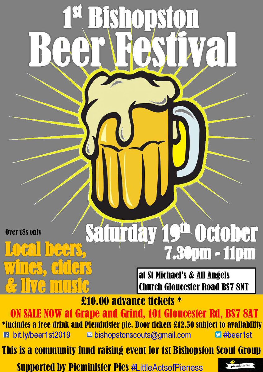 Beer1st's tweet photo. It may be a beer festival but thanks to Pieminister Pies #littleactsofpieness @pieminister we’ll keep hunger at bay. Free pie and first drink with every ticket See you on the 19th October. Follow us for info. #beer1st A fundraising event for 1st Bishopston Scouts. @cabotscouts https://t.co/3aCmnvHe5Y