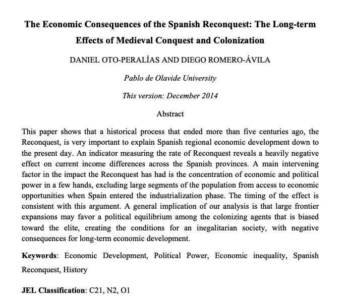 This paper argues that the Reconquista also created oligarchic tendencies, with a negative impact on economic development in Spain. https://www.upo.es/economia/economia/romero/Reconquest_manuscript.pdf