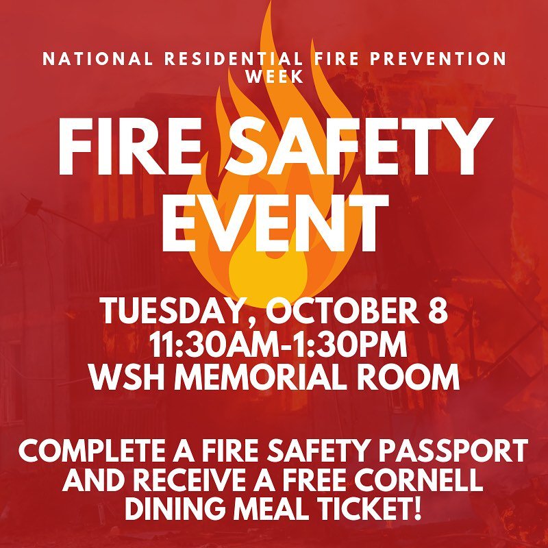 LivingAtCornell's tweet photo. Join us for a #FireSafetyWeek event today at WSH Memorial room from 11:30am-1:30pm. Participants can receive a free @cornelldining meal ticket. Guests include Cornell President Martha Pollack and Ithaca Mayor @SvanteMyrick! #livingatcornell #firesafety #wearescl #cornell https://t.co/nNnBnyF0N9
