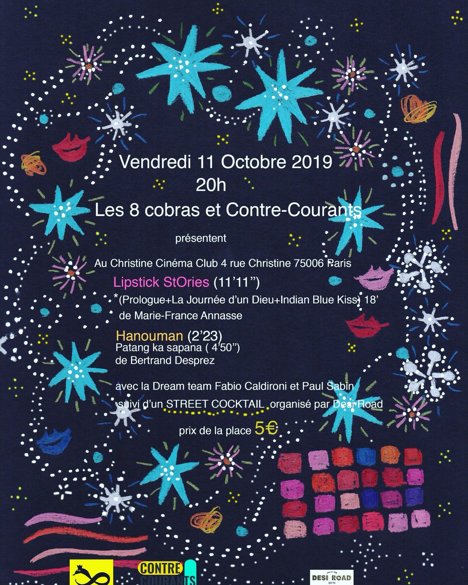 HKNSCC's tweet photo. Vendredi 11 octobre à 20h on se retrouve au Christine @ParisCinemaClub pr des courts-métrages sur l'Inde et un cocktail par Desi Road ! https://t.co/VenKHYZVI6