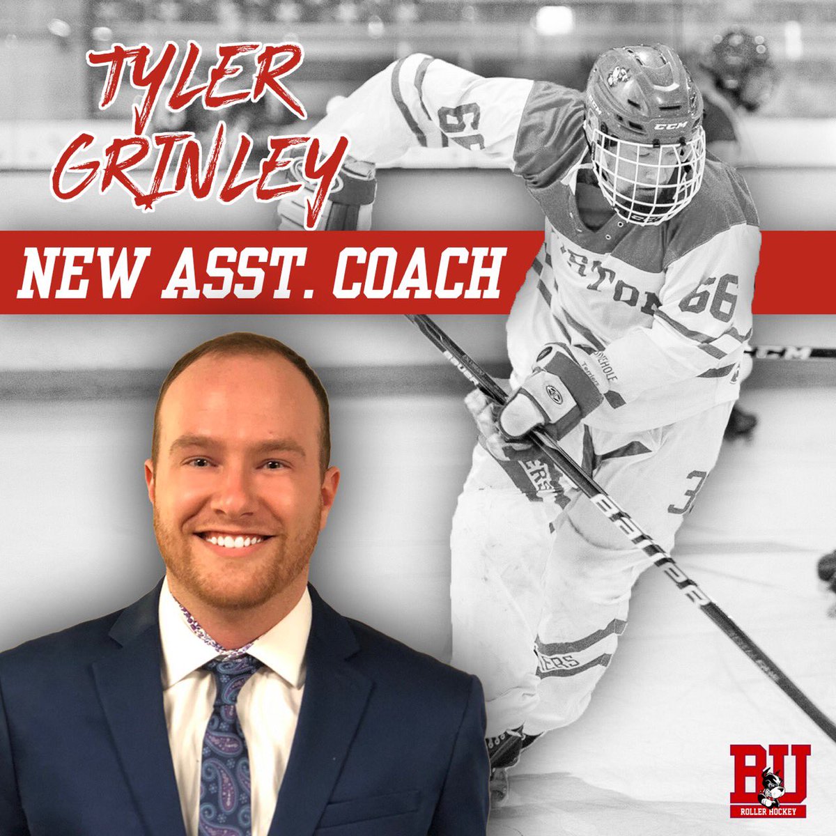 BURollerHockey's tweet photo. We are proud to announce the addition of Ty Grinley to our coaching staff! Ty is a former team captain that was a huge leader on the rink and now will continue that leadership behind the bench. We are excited to keep Ty as part of the program! #GoBU #ProudToBU #ECRHA #NCRHA https://t.co/A811DOfzHi