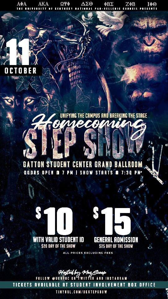 THIS FRIDAY come see your UK NPHC council battle it out at our Homecoming Step Show ! Use the link in our bio or purchase a ticket at the Gatton Student Center Box office located beside the MLK Center and Auntie Anne’s ! 🎟🏆