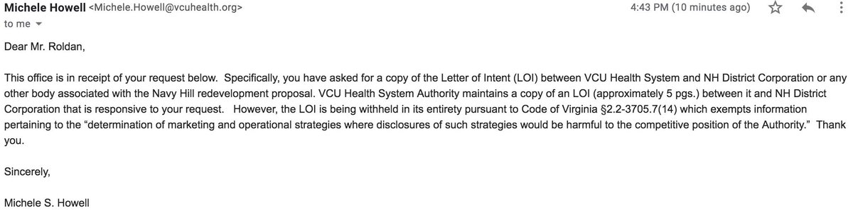 Earlier this year <a href="/VCU/">VCU</a> entered into a letter of intent to explore partnership opportunities with the #NavyHill developer NH District Corp. I asked to see it, wanting more info on how VCU stands to gain from this project. This was their response denying my FOIA request: