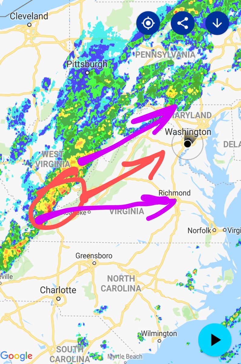 patpend's tweet photo. Here is the rain as of 4:52pm. The red circle is our area of the rain line. Red arrow is the vector direction. Purple shows how the #DCsplit may develop. This is a close one. https://t.co/3lBPQsfjql
