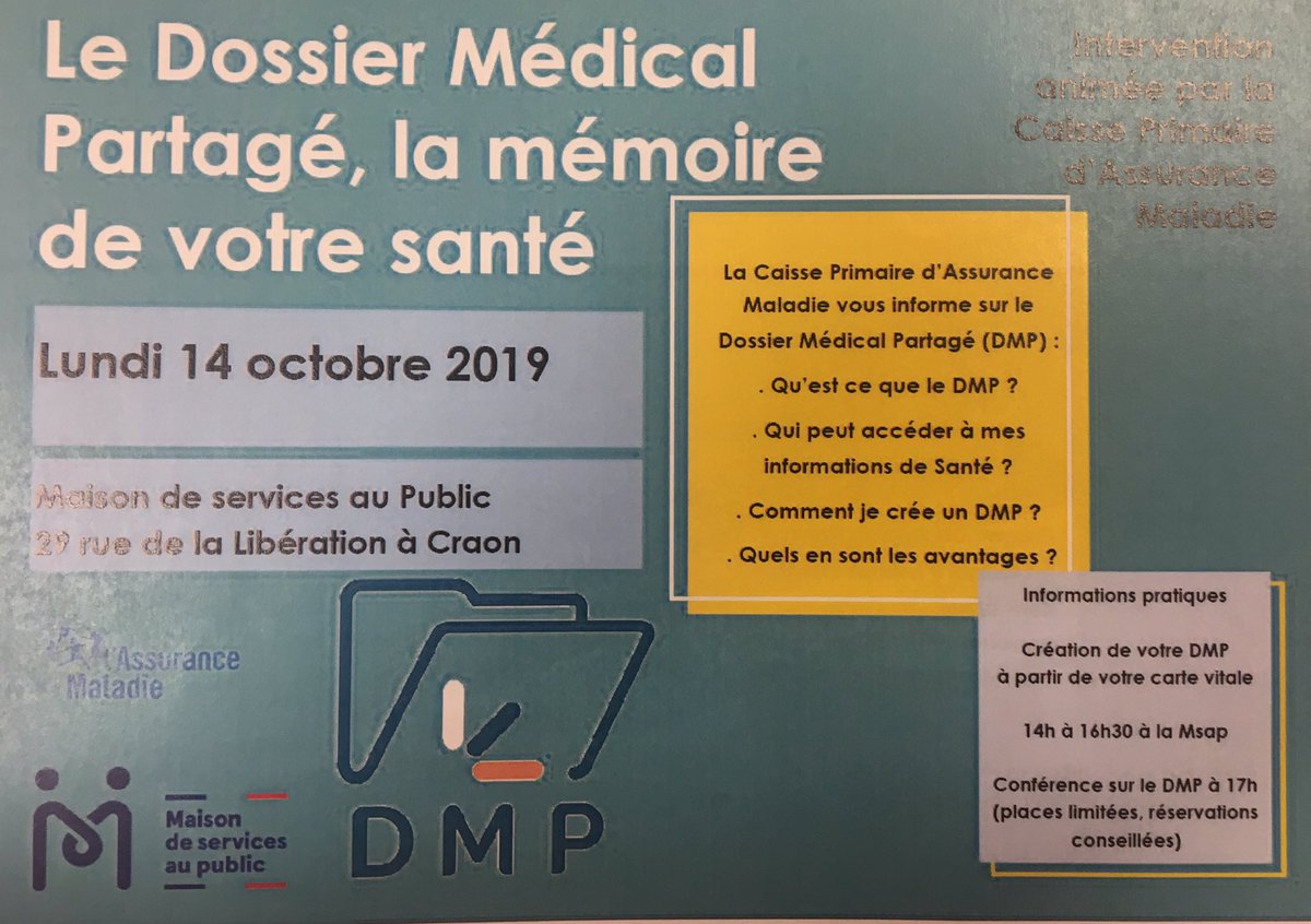 clangouet2017's tweet photo. La #MSAP du #PaysdeCraon vous propose avec la #CPAM53 de vous accompagner à la création de votre #DMP Dossier Médical Partagé Lundi 14 octobre à partir de 14h #Soin #Sante #ParcoursdeSanté @OuestFrance53 @CDLM53 @HautAnjou @bleumayenne @lamayenne @agnesbuzyn https://t.co/zepjHSbwLz