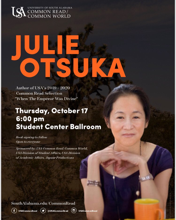 USACommonRead's tweet photo. Just 10 days until our evening w/Julie Otsuka, author of the @USACommonRead. Join us Thurs., Oct. 17th for her talk at 6pm in the @usastudentctr ballroom immediately followed by a book signing in the Terrace. 📚📖 #usacommonread #commonreadcommonworld #crcw #julieotsuka https://t.co/LXaMQSHQDN