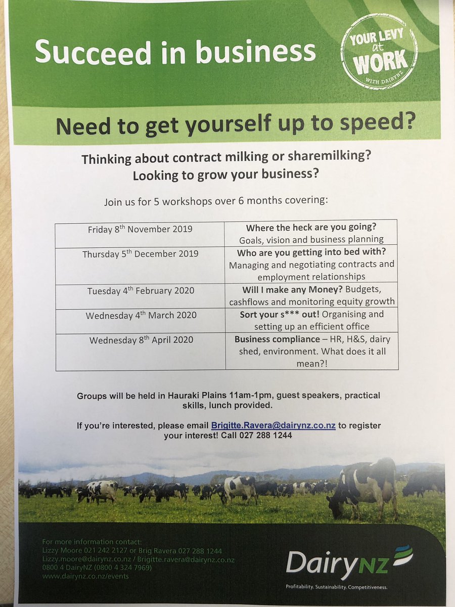 Thinking about contract milking or sharemilking? looking to grow your business? then these workshops are for you spaces are filling up for these groups starting in November in Cambridge and Hauraki Plains get in touch with  Lizzy 021 242 2127 or Brig 027 288 1244 to register