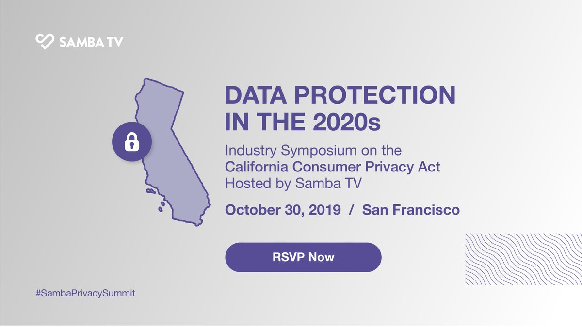 sambaintel's tweet photo. Ready for the CCPA? Join Samba TV on Oct 30th alongside leading privacy experts to discuss and debate the most pressing data protection issues in light of the CCPA. RSVP: https://t.co/wHKajQjSpo #ccpa  #dataprivacy  #californiaprivacy #sambaprivacysummit https://t.co/ka56Hrmf1V