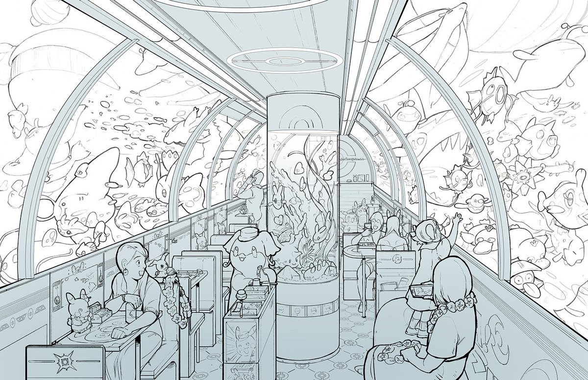 A project to imagine an Alola Pokemon Theme Park! Starting with an underwater train that would take passengers to the park. Some props were altered/unused, but hopefully the ideas stay the same :D Just in time for #inktober too! Drawn traditionally, cleaned digitally 