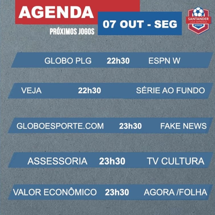ACEESP1's tweet photo. Hoje é dia de JOGO. Hojé é dia da #LigaImprensa2019!!!⚽👏
Confira os horários dos jogos. E claro, acompanhe nossas redes sociais e saiba de tudo que acontece.
.
 #LigaImprensa2019 #ligaimprensa #Aceesp #Santander #SantanderBr #Itaipava https://t.co/sQQzNy102c