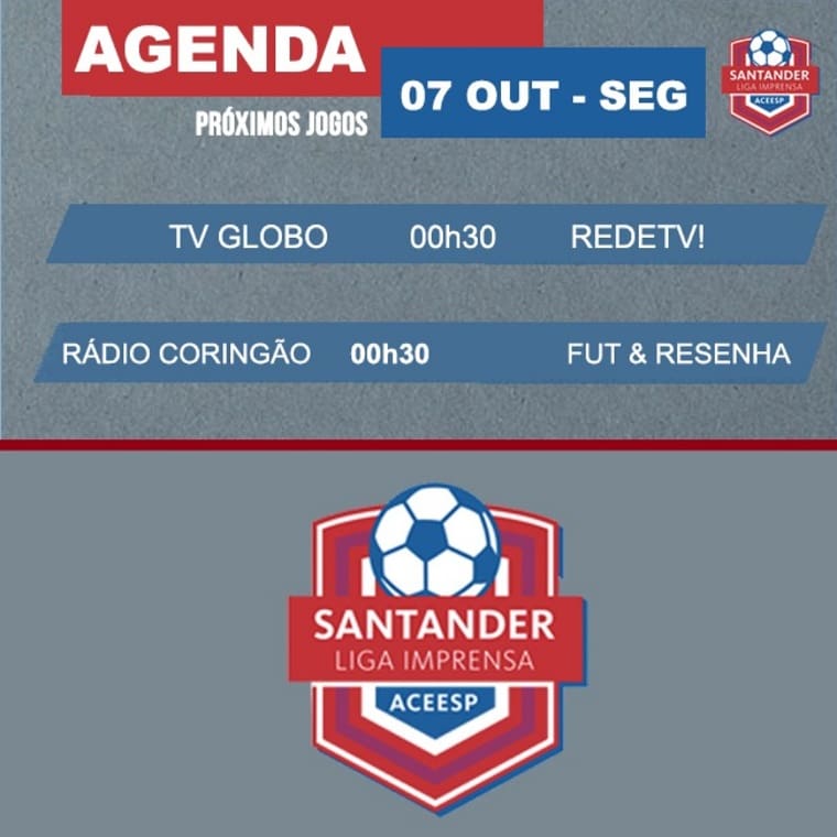 ACEESP1's tweet photo. Hoje é dia de JOGO. Hojé é dia da #LigaImprensa2019!!!⚽👏
Confira os horários dos jogos. E claro, acompanhe nossas redes sociais e saiba de tudo que acontece.
.
 #LigaImprensa2019 #ligaimprensa #Aceesp #Santander #SantanderBr #Itaipava https://t.co/sQQzNy102c