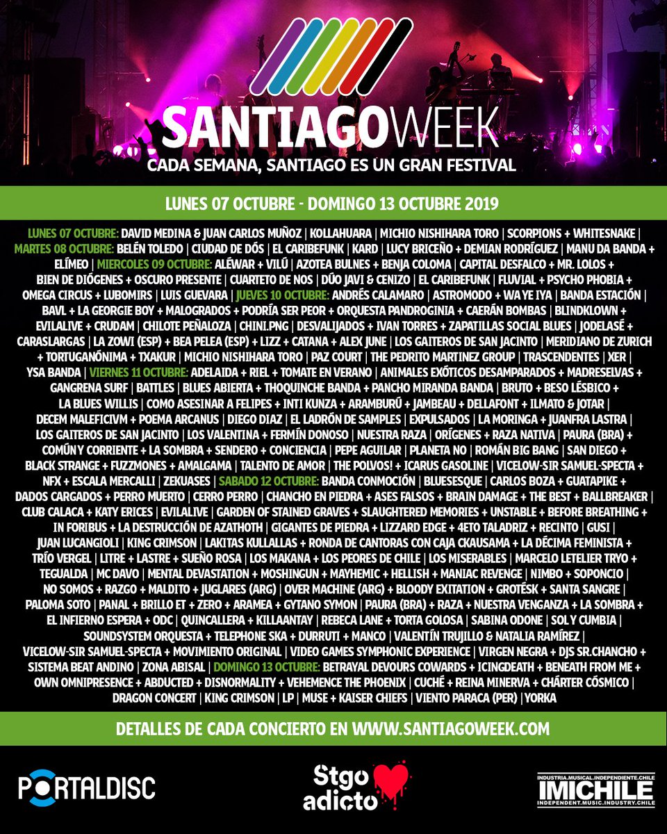stgo_week's tweet photo. Comienza una nueva semana en SantiagoWeek! 📣🎶
•
Revisa la cartelera completa en nuestra web (en bio) 👀
•
"¡Cada semana Santiago es un gran Festival!" 🎉
•
#musicachilena #musicaenvivo #envivo #santiagoweek
#cartelerasemanal #agendamusical #semana #santiago https://t.co/deVhakcHaA