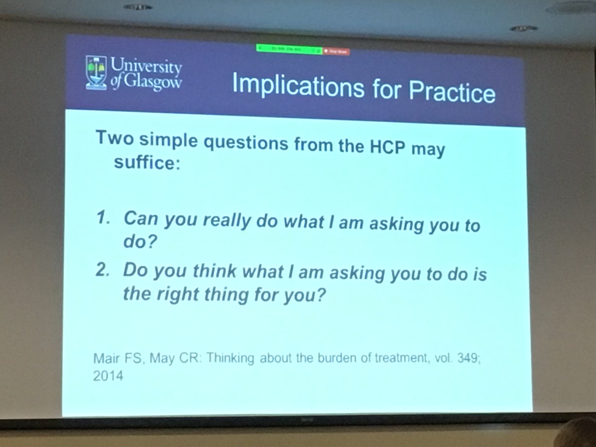 lyubovlytvyn's tweet image. Caring for oneself, especially if living w/ multiple long-term conditions, demands a lot of time &amp;amp; effort. 

But burden of treatment can be hard to discuss. @FrancesMair and team recommend starting w/ 2 questions: 

1-Can you really do what I ask &amp;amp; 2-Is what I ask right for you?
