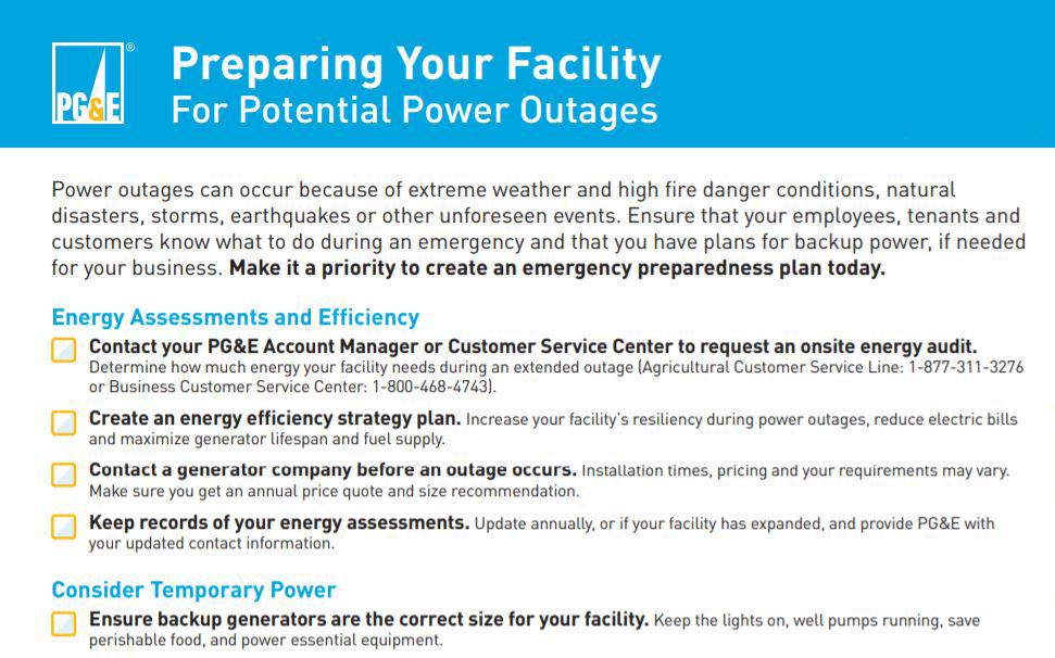 Pacific Gas & Electric on X: Is your facility prepared for a power outage?  Ensure that employees, tenants, customers know what to do during an  emergency & that you have plans for