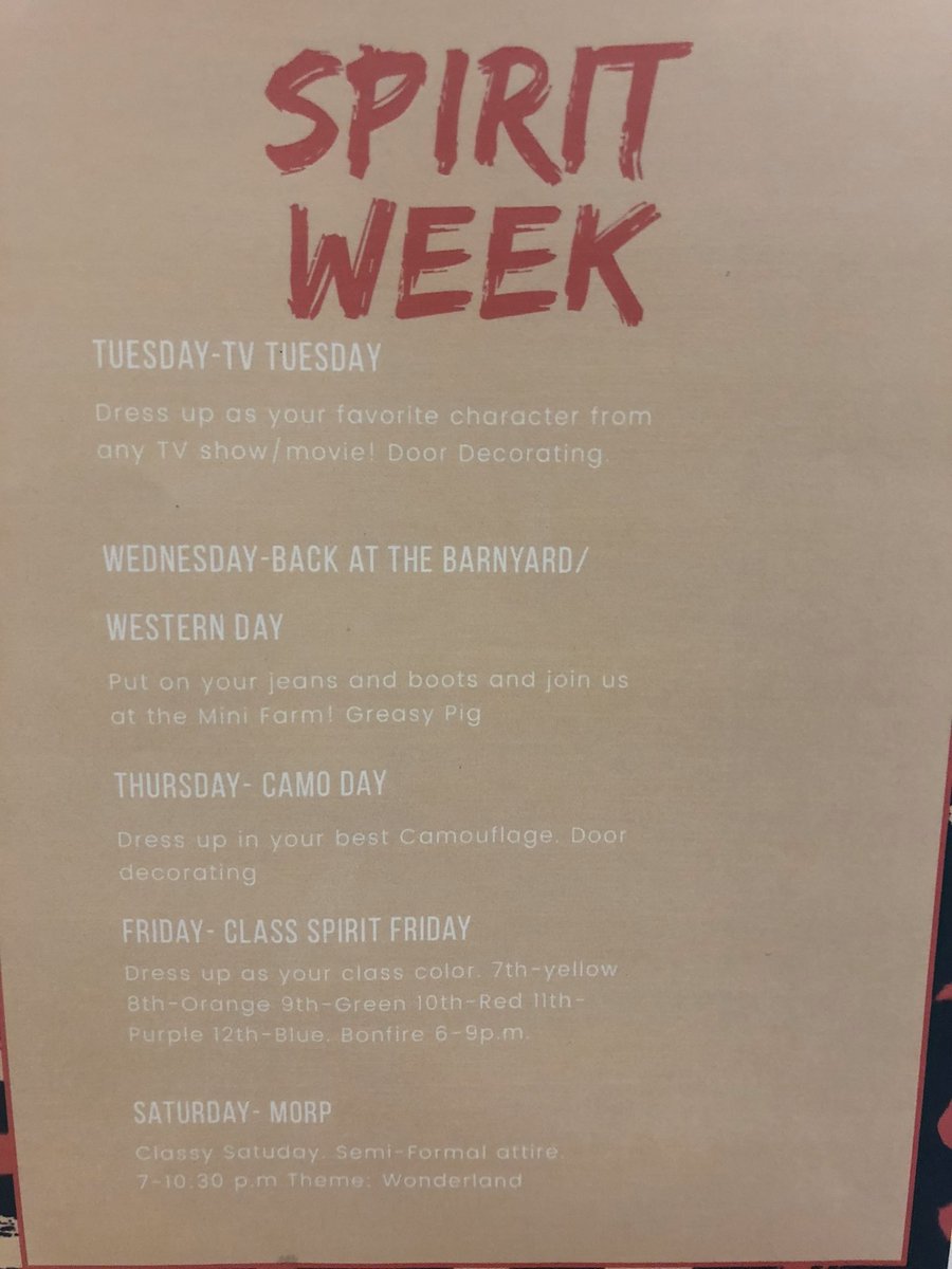 LaSASFFA's tweet photo. hey guys, don’t forget this week is spirit week! Be sure to show your school spirit! 
Tuesday- TV Tuesday
Wednesday- Western Day
Thursday- Camo Day
Friday- Class Spirit Day (see flyer for your class color)
Saturday- MORP!! https://t.co/aeWbhgDtRN