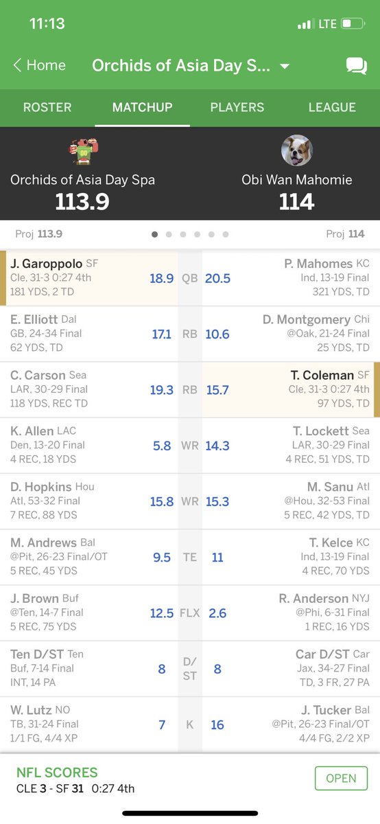 DirtyDan_27's tweet photo. 3 kneel downs later and it’s an L 😢 #FantasyFootball #fantasyfailure @espn @Rotoworld_FB @MatthewBerryTMR @FieldYates @BarstoolBigCat @barstoolsports @PFTCommenter https://t.co/5Pv2mrsCuo