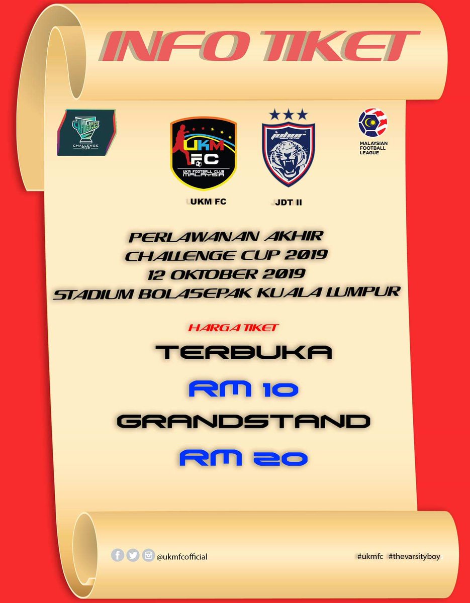 ukm_fc's tweet photo. Tiket perlawanan Final Challenge Cup 2019 boleh didapatkan di Stadium Bolasepak Kuala Lumpur, Cheras. Kaunter tiket dibuka jam 5.00pm,12 Okt 2019,Sabtu https://t.co/trWBJAsW3u