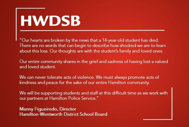 HWDSB's tweet image. "Our hearts are broken..." A statement from @mannyhwdsb about today's tragic loss of life @Churchill_HWDSB