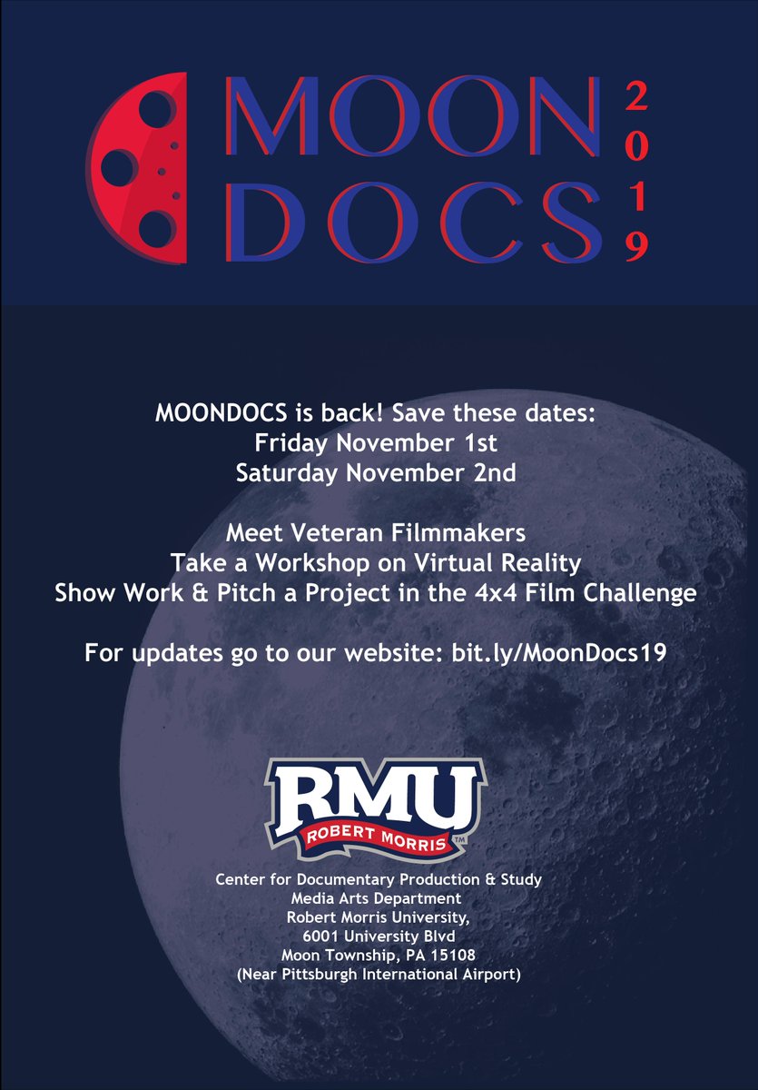 DocCenterRMU's tweet photo. Mark your calendar for #MoonDocs at Robert Morris Univ. on Friday Nov. 1st &amp; Saturday Nov. 2nd! Watch this space for more information. @EmmaConley1 @hipcinema
@ReelQ @JFilmPgh @RMUMediaArts
@wqed @pghfilmmakers @PittsburghPG
@FilmPittsburgh @PghFilmOffice @SembeneFilmFest https://t.co/uy6VC2KlgU