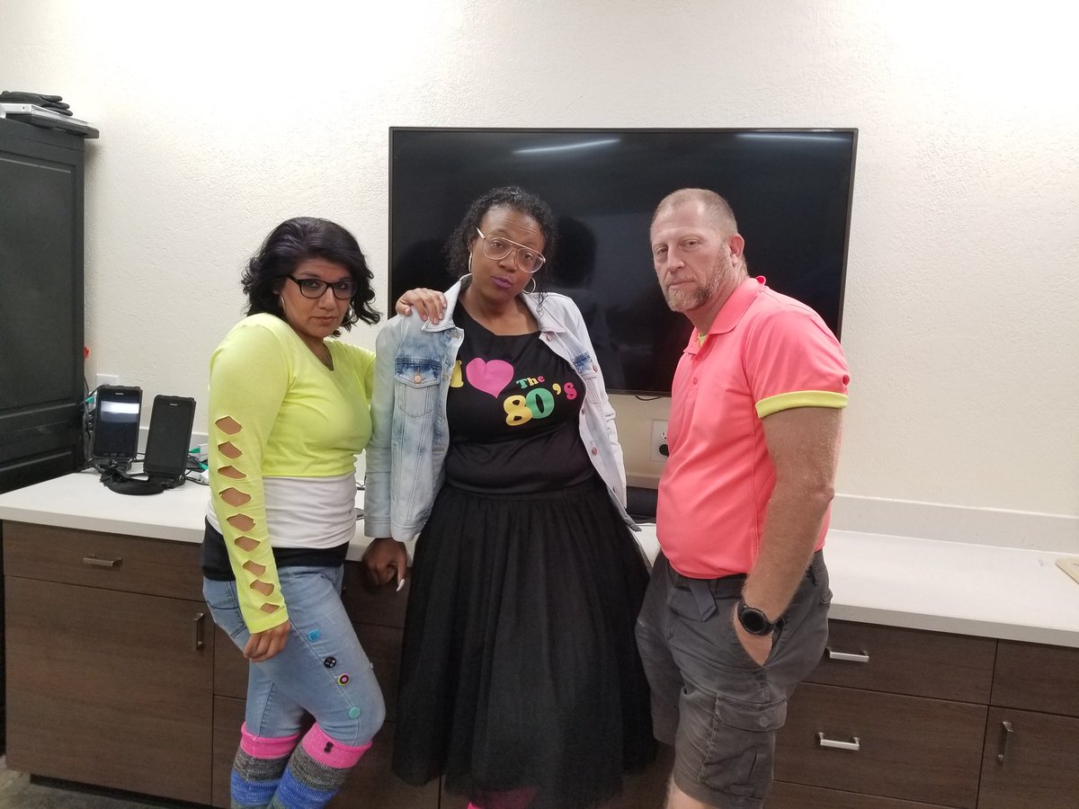 Troy6530's tweet photo. Celebrating throwback to the 80s today at 6530 with ASM Kashira Waylon, DH25 April Nachefski and myself, rocking that 80s fashion https://t.co/fQEzSvgcKH