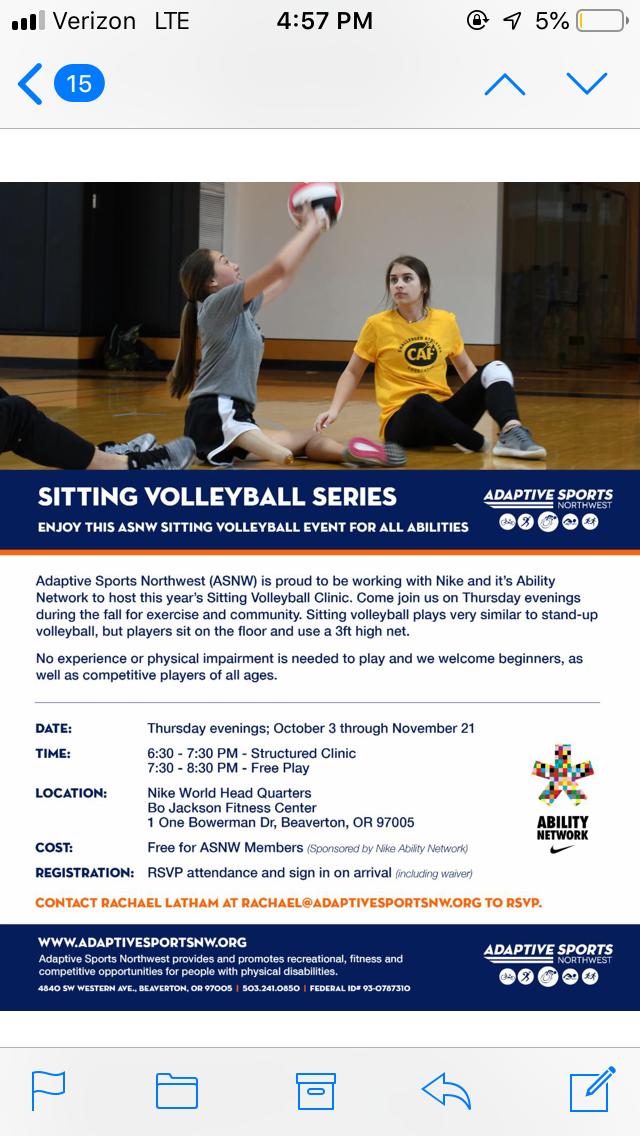 Sitting Volleyball starts Thursday OCT 10 at <a href="/Nike/">Nike</a>  WHQ. Come on down :)