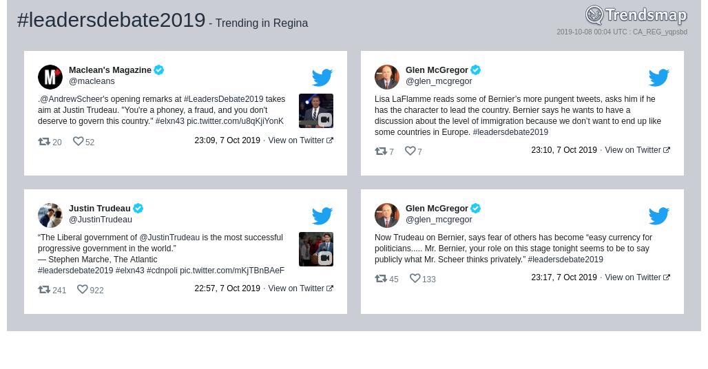 TrendsRegina's tweet photo. #leadersdebate2019 is now trending in #YQR

https://t.co/nLeuRV7dKY https://t.co/WNnBdoELzM
