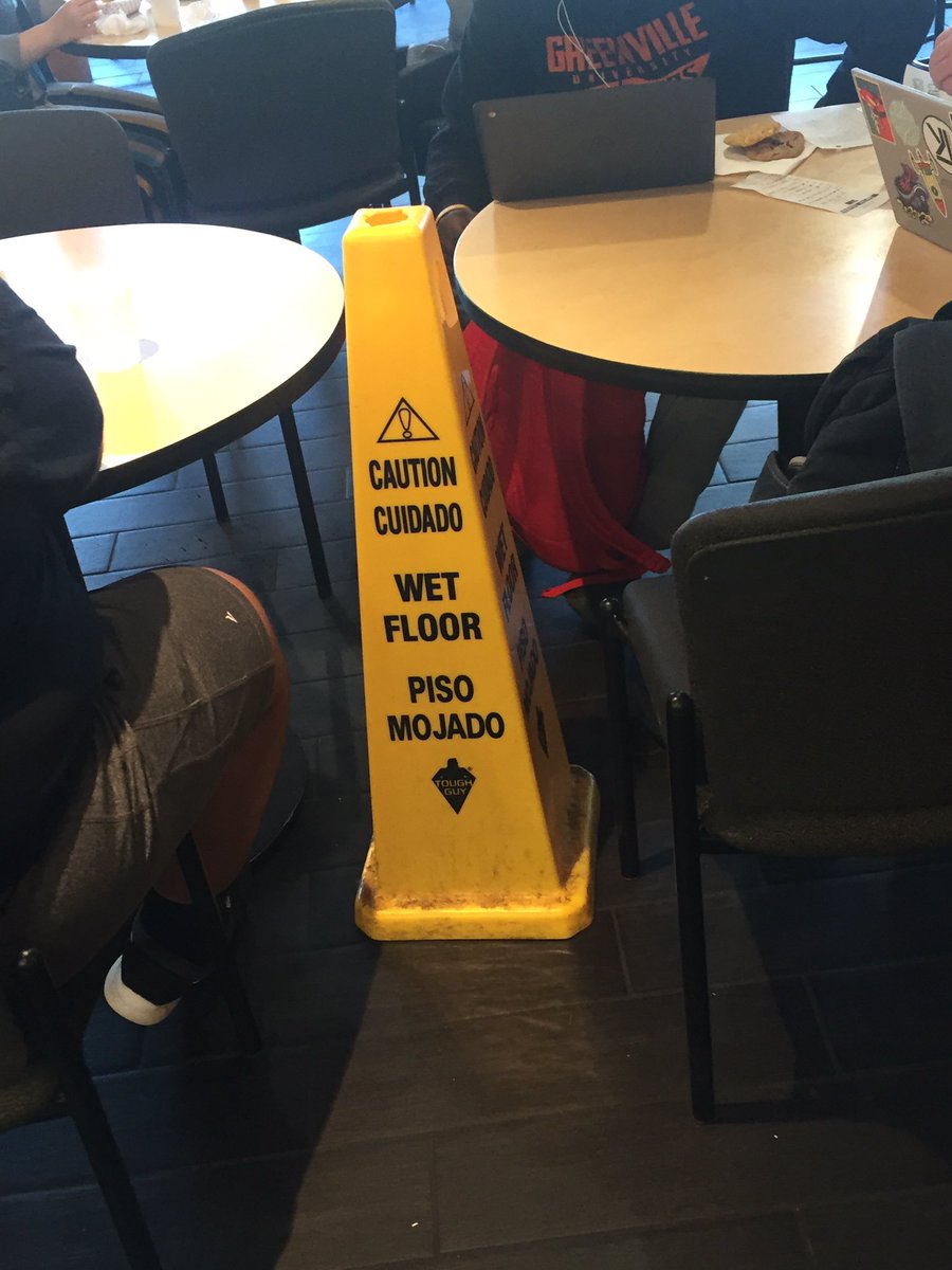 GUWetFloors's tweet photo. More wet floor signs spotted in the bone-dry Student Union. Thanks @nathankriebel #guwetfloors #staysafe https://t.co/1FHHQZYjjJ