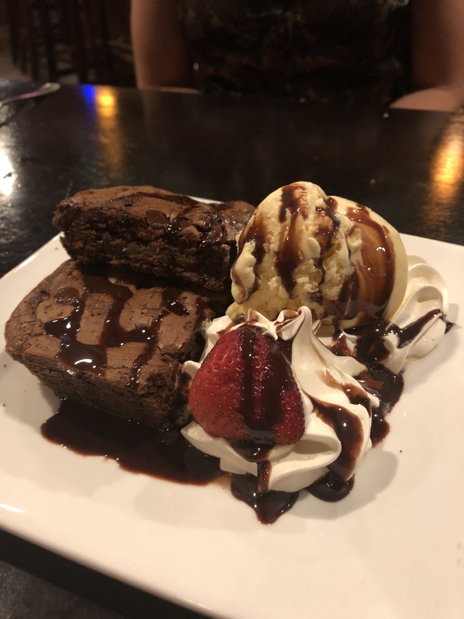 My Happy Birthday desert! Chocolate covered brownie with vanilla ice cream and whip cream! 