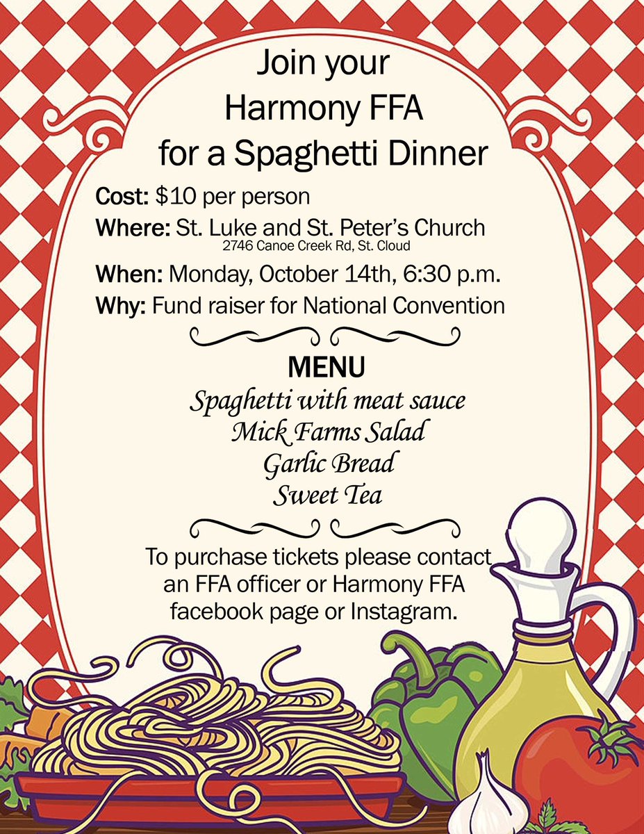 HarmonyFFA's tweet photo. Come on out and support your Harmony FFA spaghetti dinner, everyone is invited. It is $10 a person , hope to see you there:)) https://t.co/H8o85Ri0Li