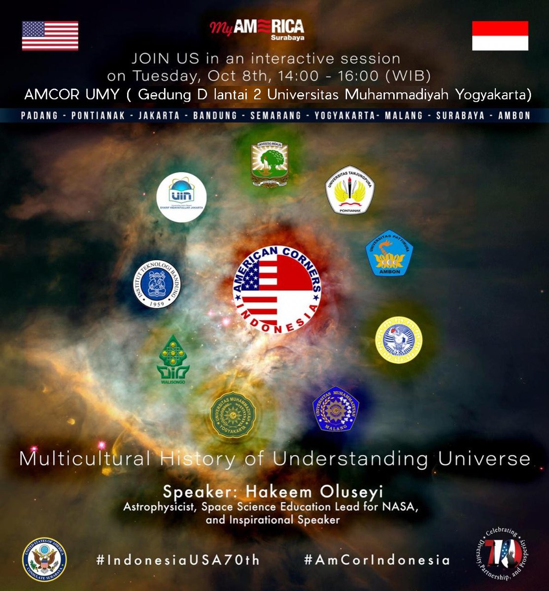 amcorUMY's tweet photo. Come and join us on virtual program with #AmcorIndonesia and My America Surabaya to discussing about
"Multicultural History of Understanding Universe" by Hakeem Oluseyi an American Astrophysicist, Space Science Lead for NASA, and ispirational speaker.
Keep the date! https://t.co/e4AoYtJTNE