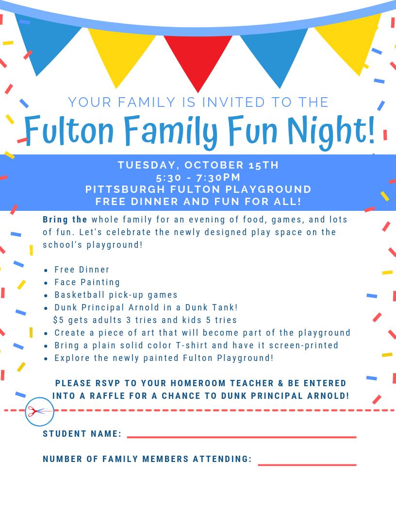 PghFultonPTA's tweet photo. Join us for Fulton Family Fun Night on 10/15  at 5:30PM.  Bring the family for free dinner, games, activities and the chance to dunk Principal Arnold in a dunk tank. (Who can pass that up 🌊?!) Help us celebrate our newly designed play space on the playground! #GoWildcats https://t.co/ifMEBslKu0