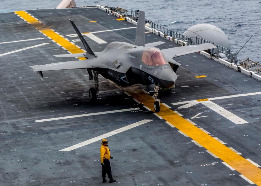 USNavy's tweet photo. #USNavy photos of the day: #USSCincinnati gets commissioned, #USNSComfort anchors off the coast of St. Kitts, an #LCAC hits the beach after departing #USSGreenBay during #TigerStrike 2019, and an @USMC F-35B readies for launch. ⬇️ info &amp; download ⬇️ https://t.co/3azeWtt6RW https://t.co/apNnzJ4CHF