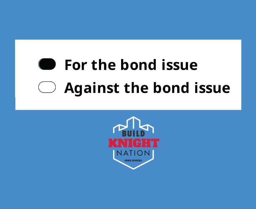 BuildKN's tweet photo. Tomorrow is the first day of Early Voting! You will have the option to fill in one of two bubbles. A Vote ‘For’ the Bond Issue is a vote FOR Kings.
#VoteForKings #BuildKnightNation https://t.co/a1CLBbwX6X