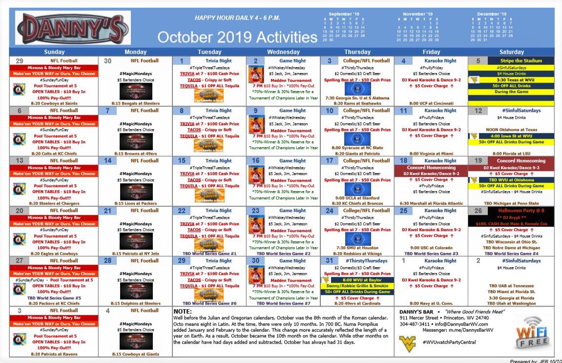 PremierTrail's tweet image. **UPDATED #DannysBarWV  October 2019 Activities Calendar #Fun4Everyone
